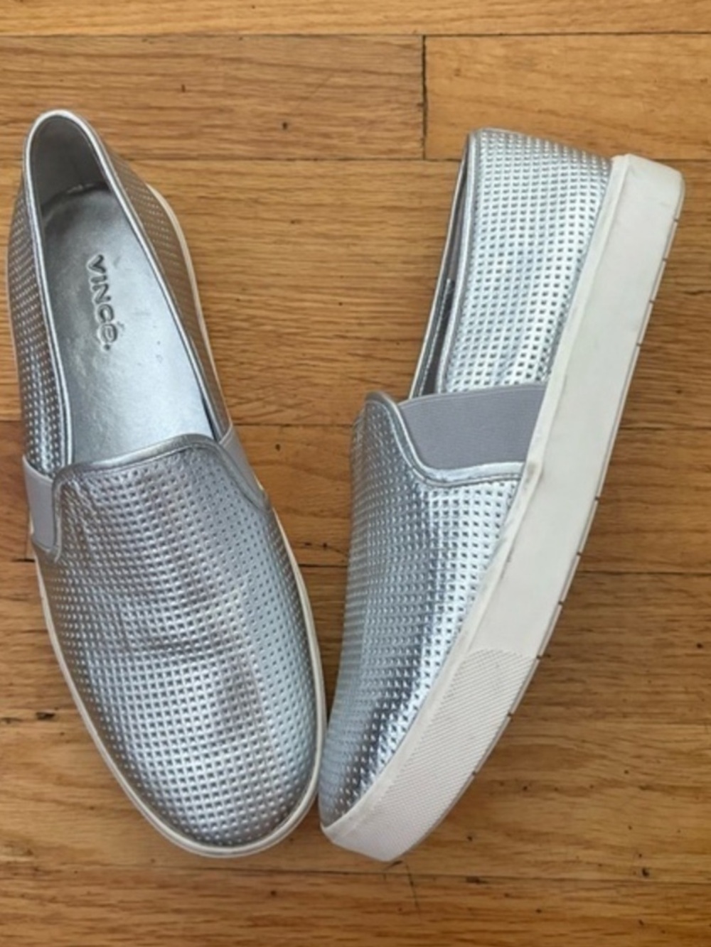 Vince Metallic Silver Perforated Leather Slip-Ons
